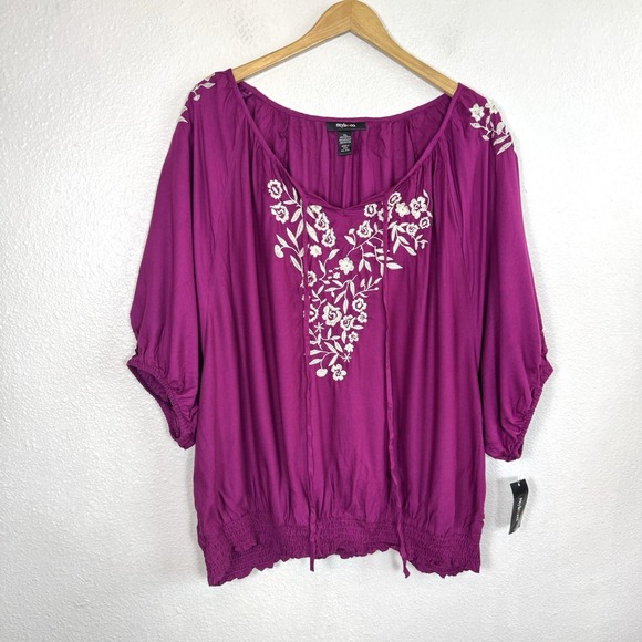 Style & Co.  Womens XL Purple Top Floral Embroidered Blouse Peasant Boho Rayon - Picture 1 of 12